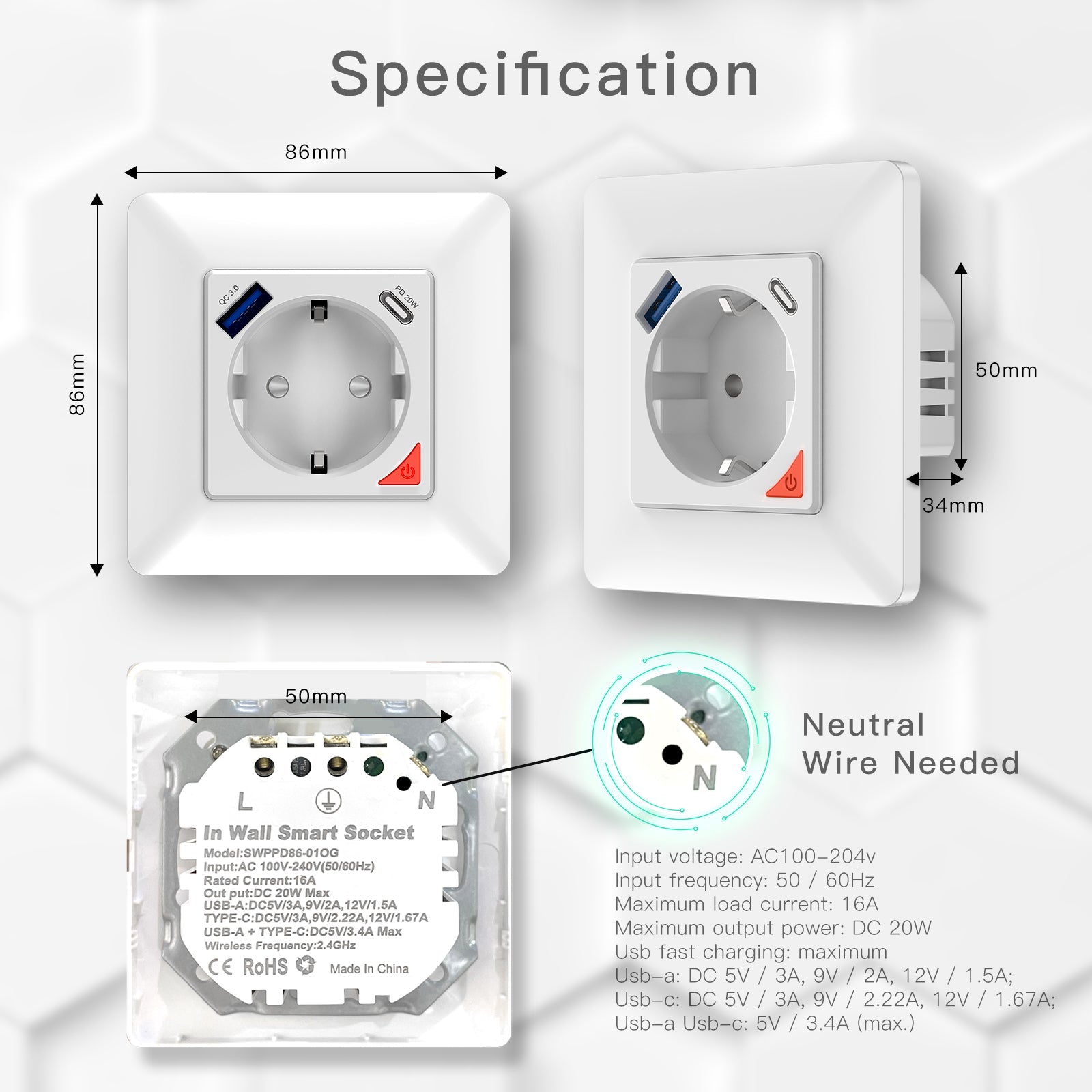 Dimensions de la prise encastrée 16A et USB WiFi Moes WK-Y-EU-1U1C-WH-EN